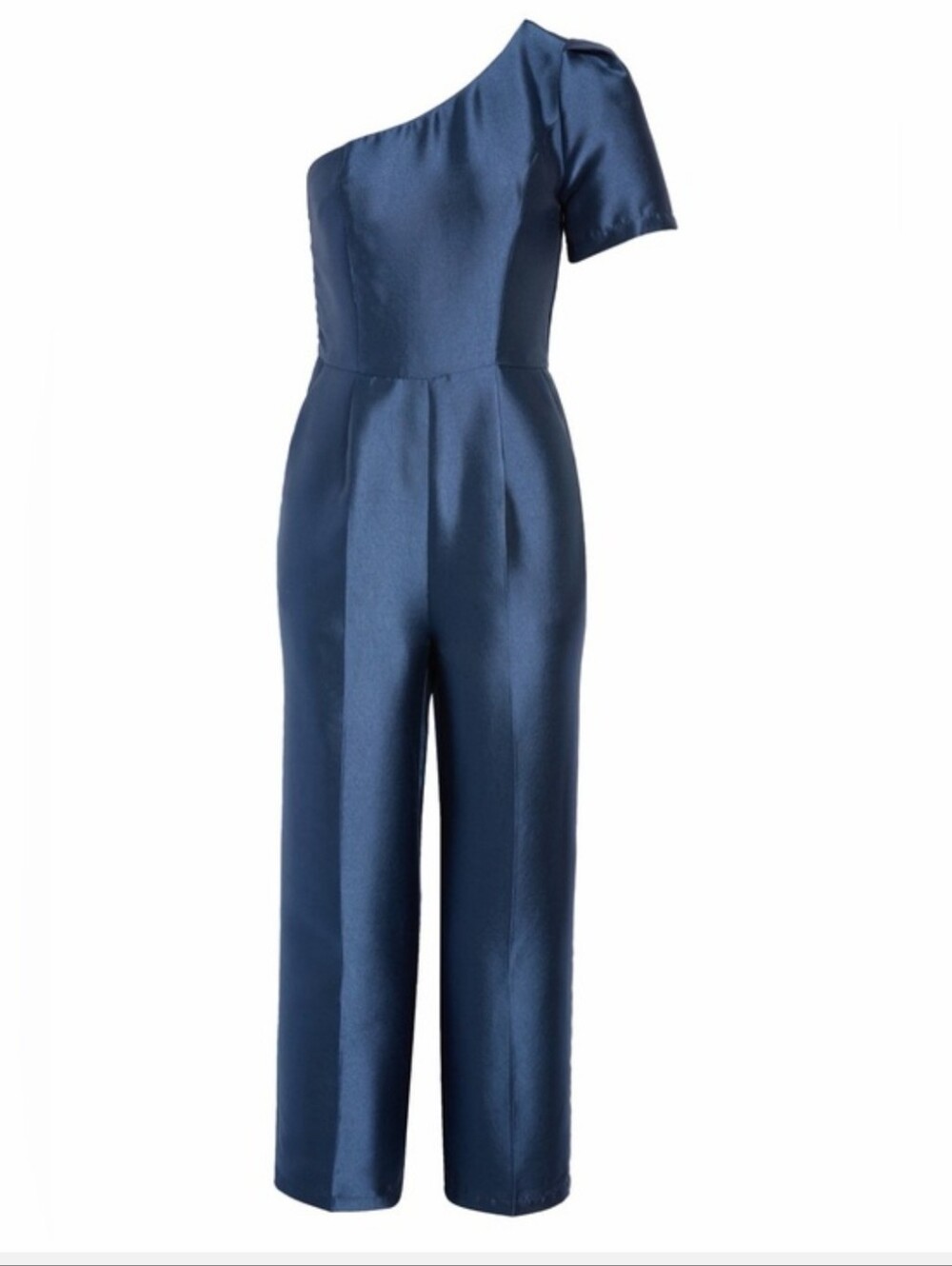 Lulu's Divine Dream One-Shoulder Navy Satin Jumpsuit Size M Clavicle Moment